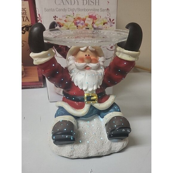 Colorful Christmas Light Sitting Santa Claus Candy Dish with A Glass Tray Tested - Picture 3 of 16